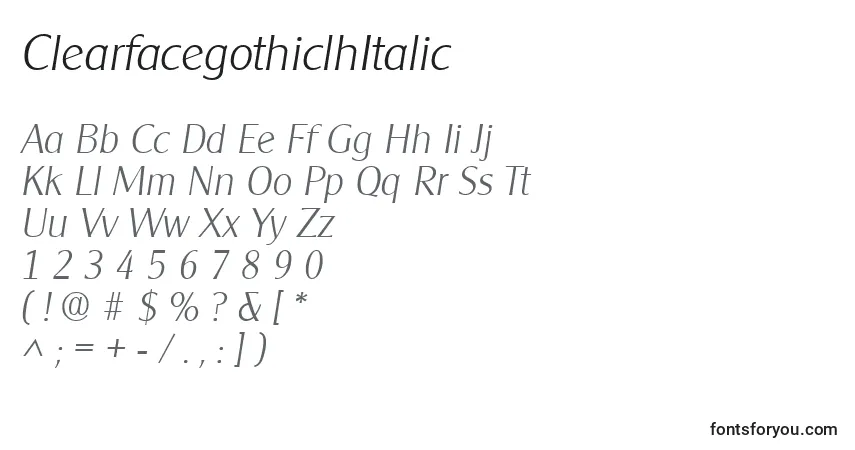 A fonte ClearfacegothiclhItalic – alfabeto, números, caracteres especiais