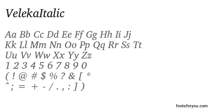 A fonte VelekaItalic – alfabeto, números, caracteres especiais