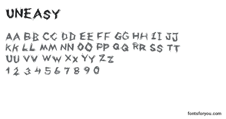 Czcionka Uneasy – alfabet, cyfry, specjalne znaki