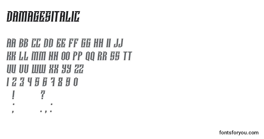 Шрифт DamagesItalic – алфавит, цифры, специальные символы