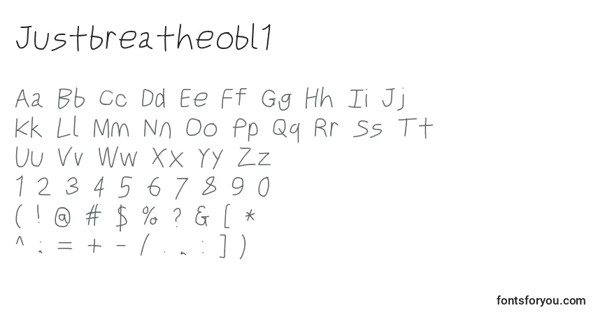 Czcionka Justbreatheobl1 – alfabet, cyfry, specjalne znaki