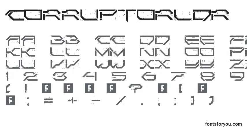 A fonte CorruptorLdr – alfabeto, números, caracteres especiais