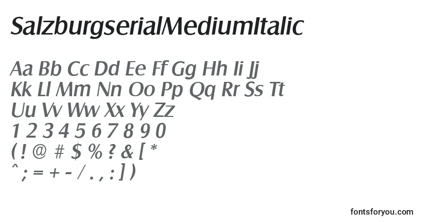 Czcionka SalzburgserialMediumItalic – alfabet, cyfry, specjalne znaki