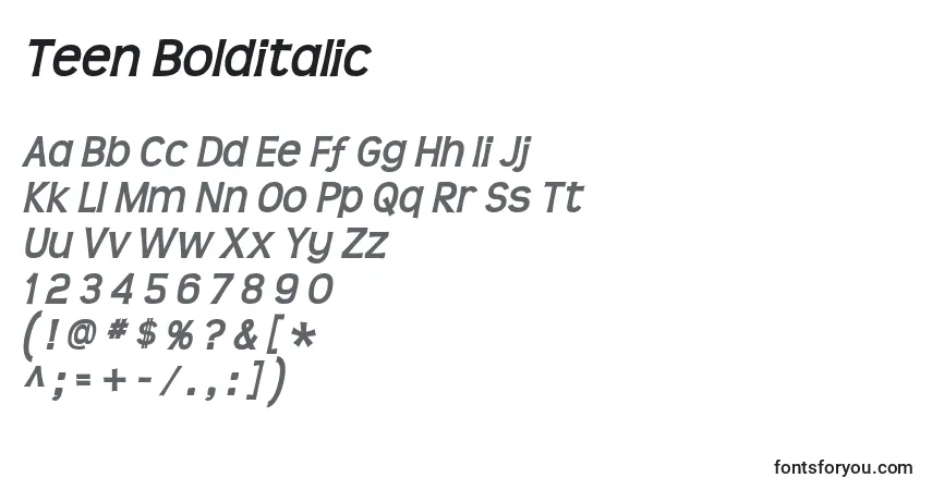 Czcionka Teen Bolditalic – alfabet, cyfry, specjalne znaki