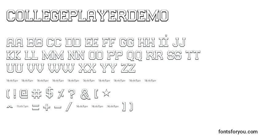 Schriftart CollegePlayerDemo – Alphabet, Zahlen, spezielle Symbole