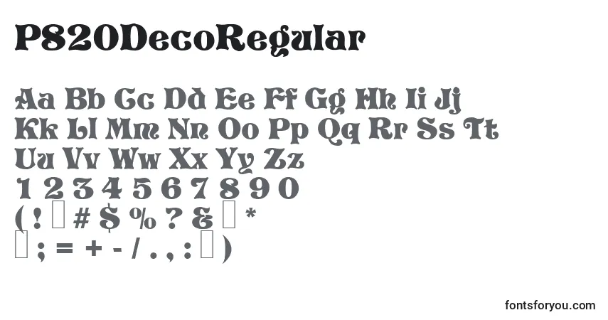 A fonte P820DecoRegular – alfabeto, números, caracteres especiais