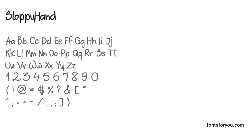 Schriftart SloppyHand (65817) – Alphabet, Zahlen, spezielle Symbole