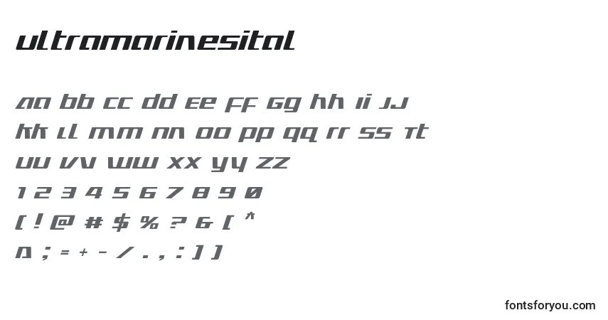 Schriftart Ultramarinesital – Alphabet, Zahlen, spezielle Symbole