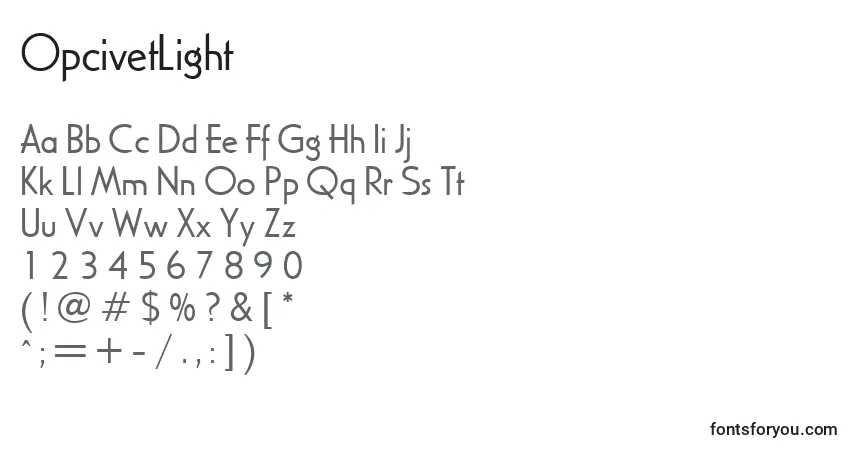 A fonte OpcivetLight – alfabeto, números, caracteres especiais