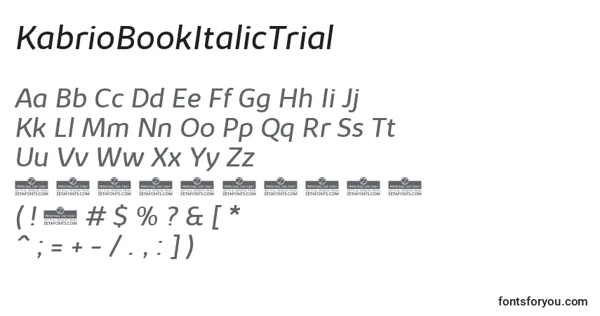 Шрифт KabrioBookItalicTrial – алфавит, цифры, специальные символы