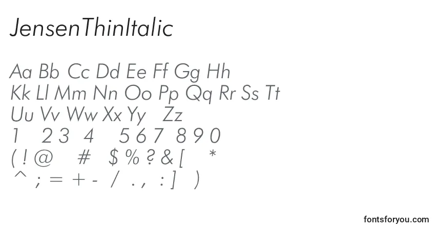 JensenThinItalic-fontti – aakkoset, numerot, erikoismerkit