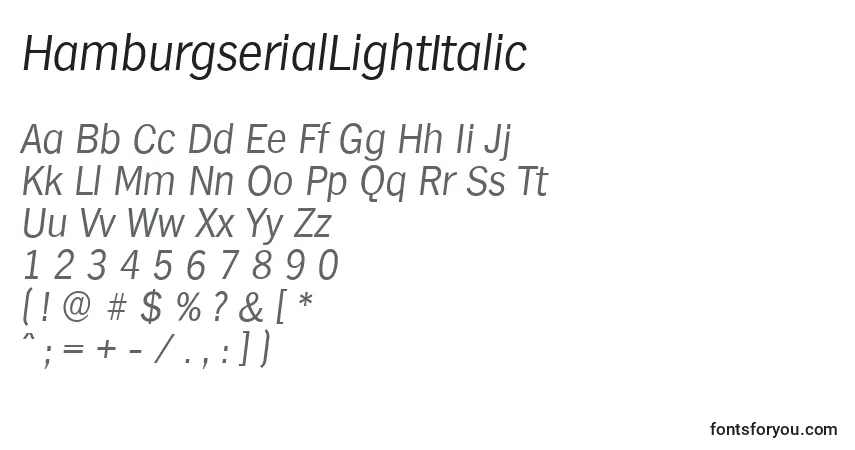 Шрифт HamburgserialLightItalic – алфавит, цифры, специальные символы