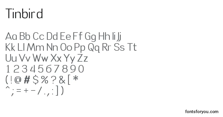 A fonte Tinbird – alfabeto, números, caracteres especiais
