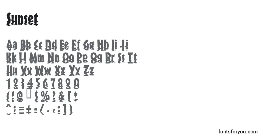 Czcionka Sunset – alfabet, cyfry, specjalne znaki