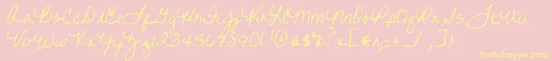 Writtenonhishands-Schriftart – Gelbe Schriften auf rosa Hintergrund