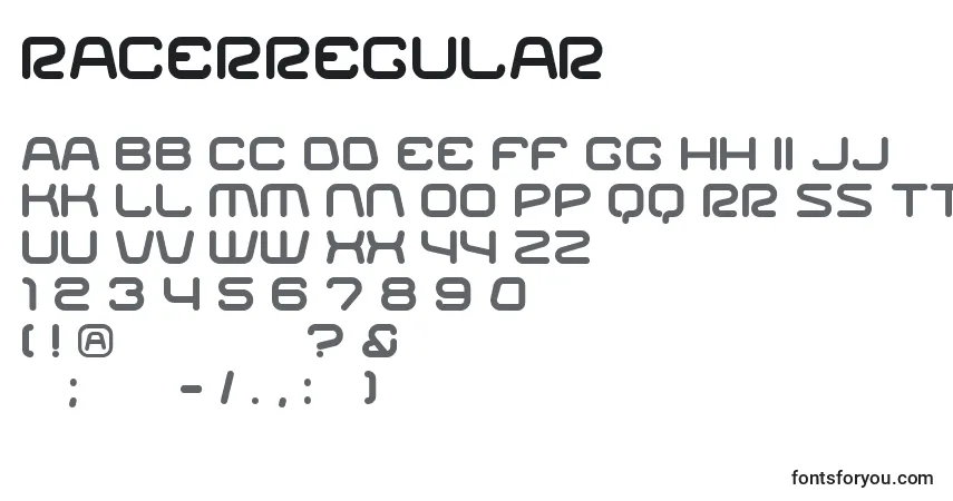 Czcionka RacerRegular – alfabet, cyfry, specjalne znaki