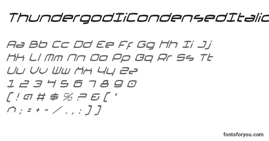 Czcionka ThundergodIiCondensedItalic – alfabet, cyfry, specjalne znaki