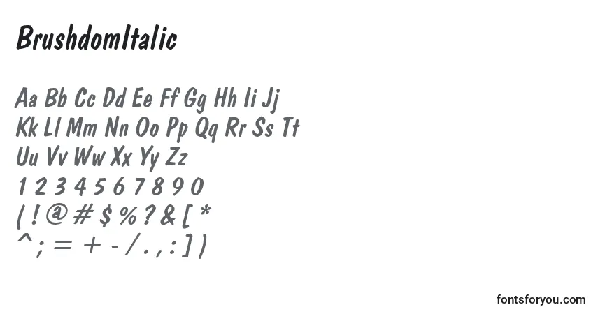 Schriftart BrushdomItalic – Alphabet, Zahlen, spezielle Symbole