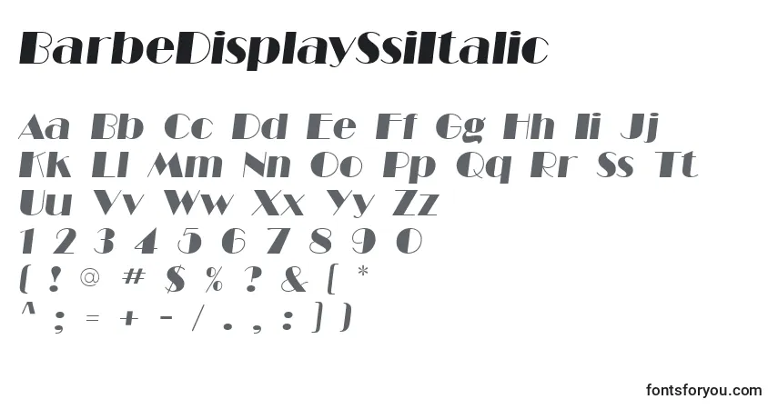 A fonte BarbeDisplaySsiItalic – alfabeto, números, caracteres especiais