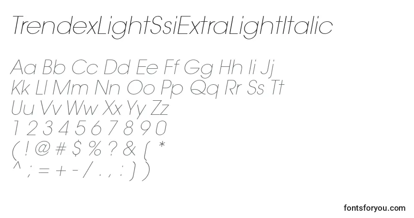 A fonte TrendexLightSsiExtraLightItalic – alfabeto, números, caracteres especiais