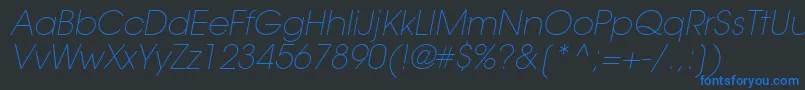 TrendexLightSsiExtraLightItalic-Schriftart – Blaue Schriften auf schwarzem Hintergrund