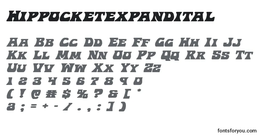 Шрифт Hippocketexpandital – алфавит, цифры, специальные символы