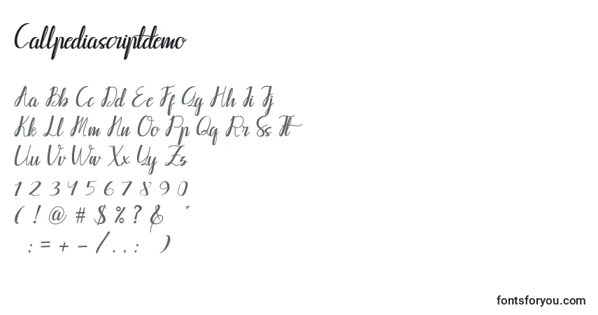 Schriftart Callpediascriptdemo – Alphabet, Zahlen, spezielle Symbole
