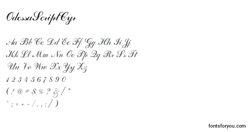 Czcionka OdessaScriptCyr – alfabet, cyfry, specjalne znaki