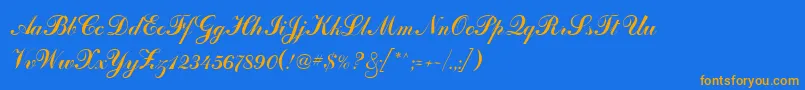 フォントOdessaScriptCyr – オレンジ色の文字が青い背景にあります。