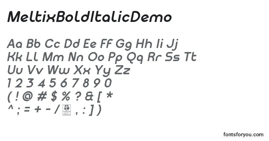 Schriftart MeltixBoldItalicDemo – Alphabet, Zahlen, spezielle Symbole