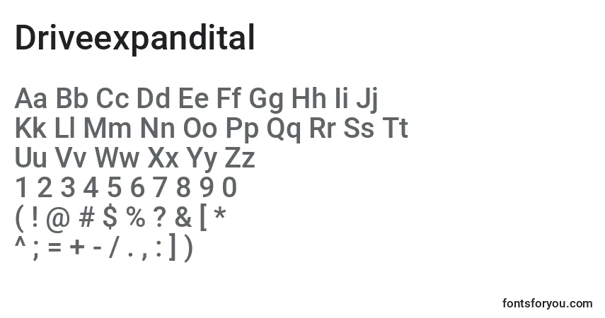A fonte Driveexpandital – alfabeto, números, caracteres especiais