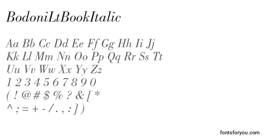 Czcionka BodoniLtBookItalic – alfabet, cyfry, specjalne znaki