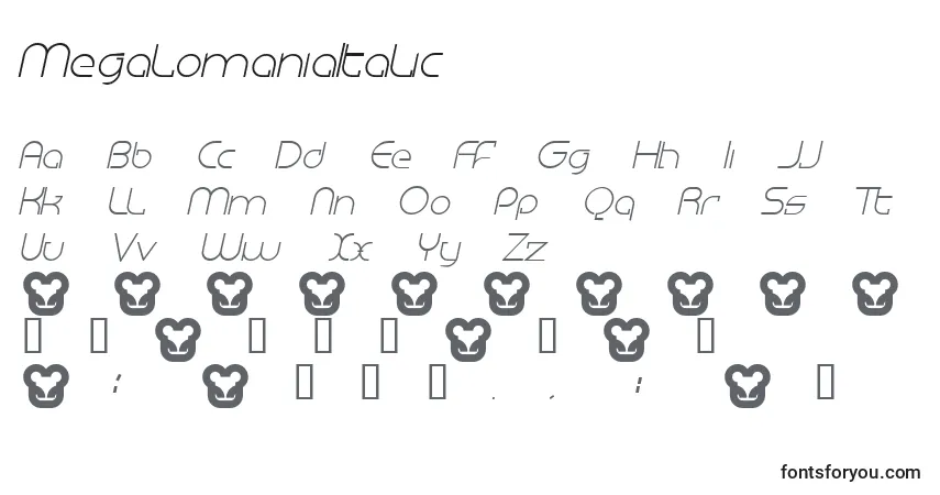 Czcionka MegalomaniaItalic – alfabet, cyfry, specjalne znaki