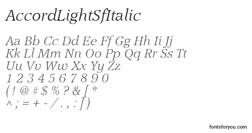 A fonte AccordLightSfItalic – alfabeto, números, caracteres especiais