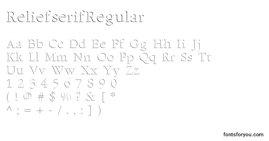 A fonte ReliefserifRegular – alfabeto, números, caracteres especiais