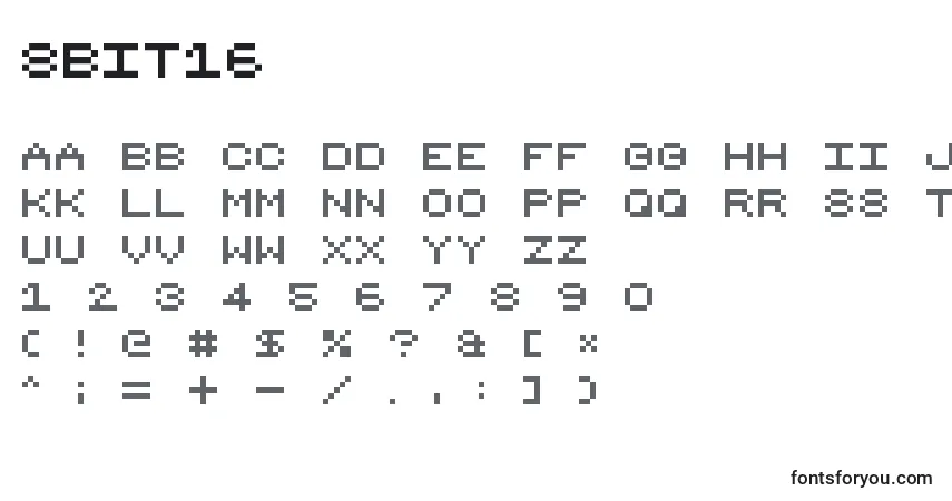 Czcionka 8bit16 – alfabet, cyfry, specjalne znaki