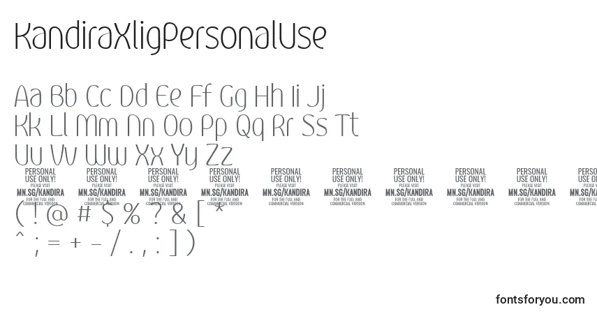 Czcionka KandiraXligPersonalUse – alfabet, cyfry, specjalne znaki