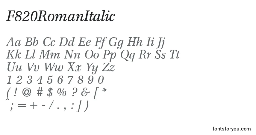 F820RomanItalic-fontti – aakkoset, numerot, erikoismerkit