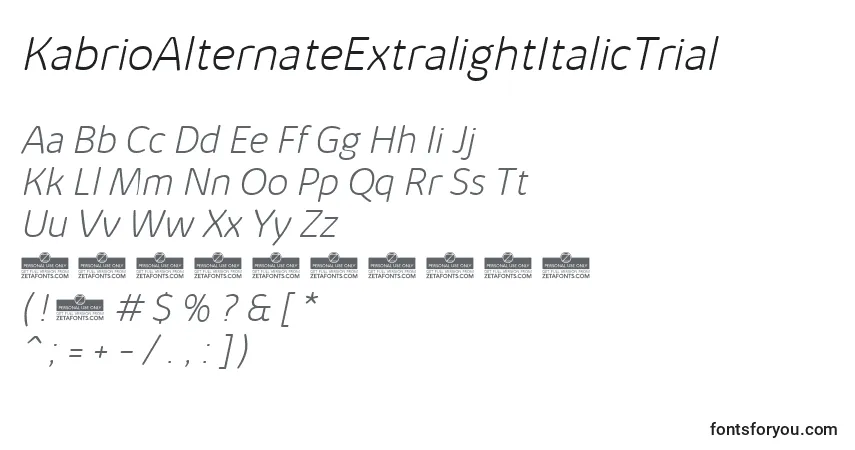 Schriftart KabrioAlternateExtralightItalicTrial – Alphabet, Zahlen, spezielle Symbole