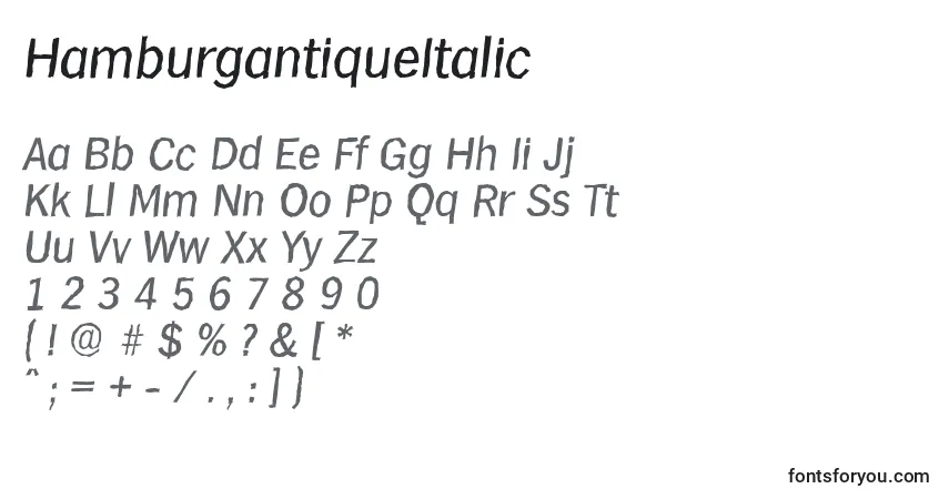Schriftart HamburgantiqueItalic – Alphabet, Zahlen, spezielle Symbole