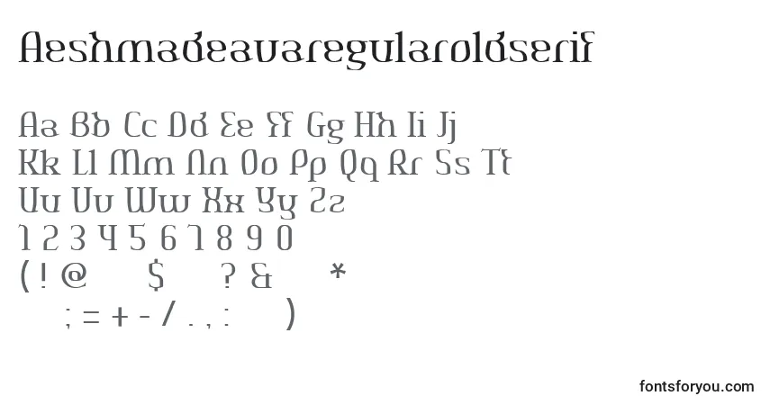 A fonte Aeshmadeavaregularoldserif – alfabeto, números, caracteres especiais