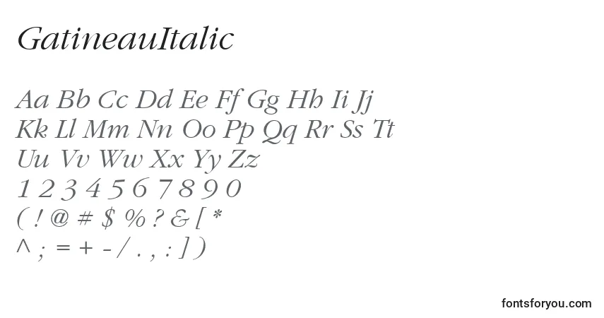 Fuente GatineauItalic - alfabeto, números, caracteres especiales