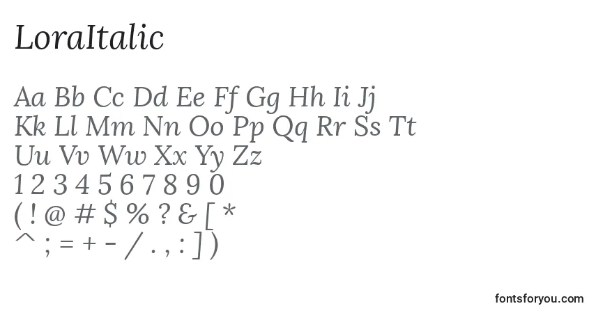 Czcionka LoraItalic – alfabet, cyfry, specjalne znaki