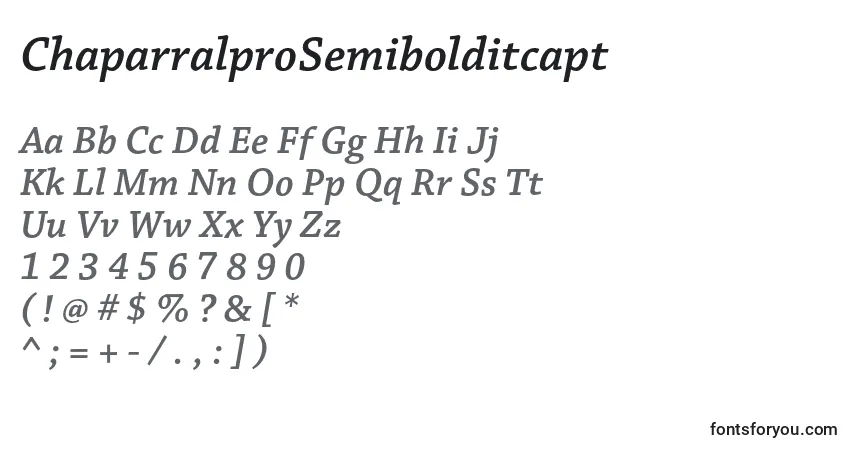 Czcionka ChaparralproSemibolditcapt – alfabet, cyfry, specjalne znaki