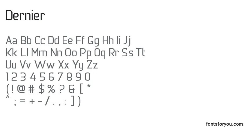 Czcionka Dernier – alfabet, cyfry, specjalne znaki