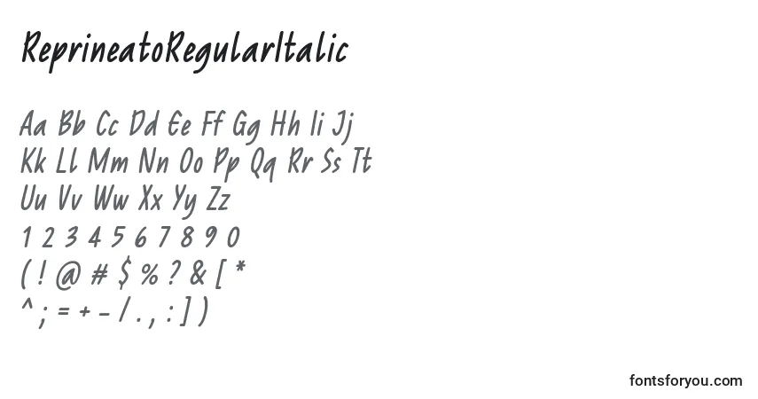 A fonte ReprineatoRegularItalic – alfabeto, números, caracteres especiais