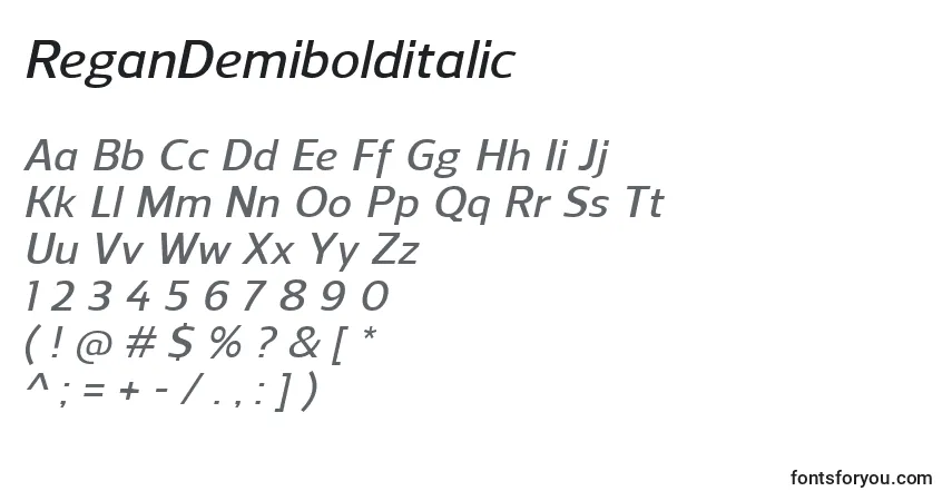 Czcionka ReganDemibolditalic – alfabet, cyfry, specjalne znaki