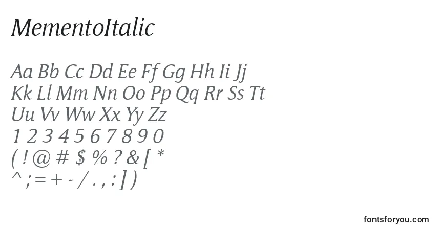 Schriftart MementoItalic – Alphabet, Zahlen, spezielle Symbole