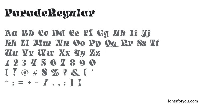 Шрифт ParadeRegular – алфавит, цифры, специальные символы