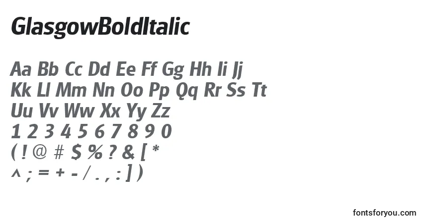 Шрифт GlasgowBoldItalic – алфавит, цифры, специальные символы